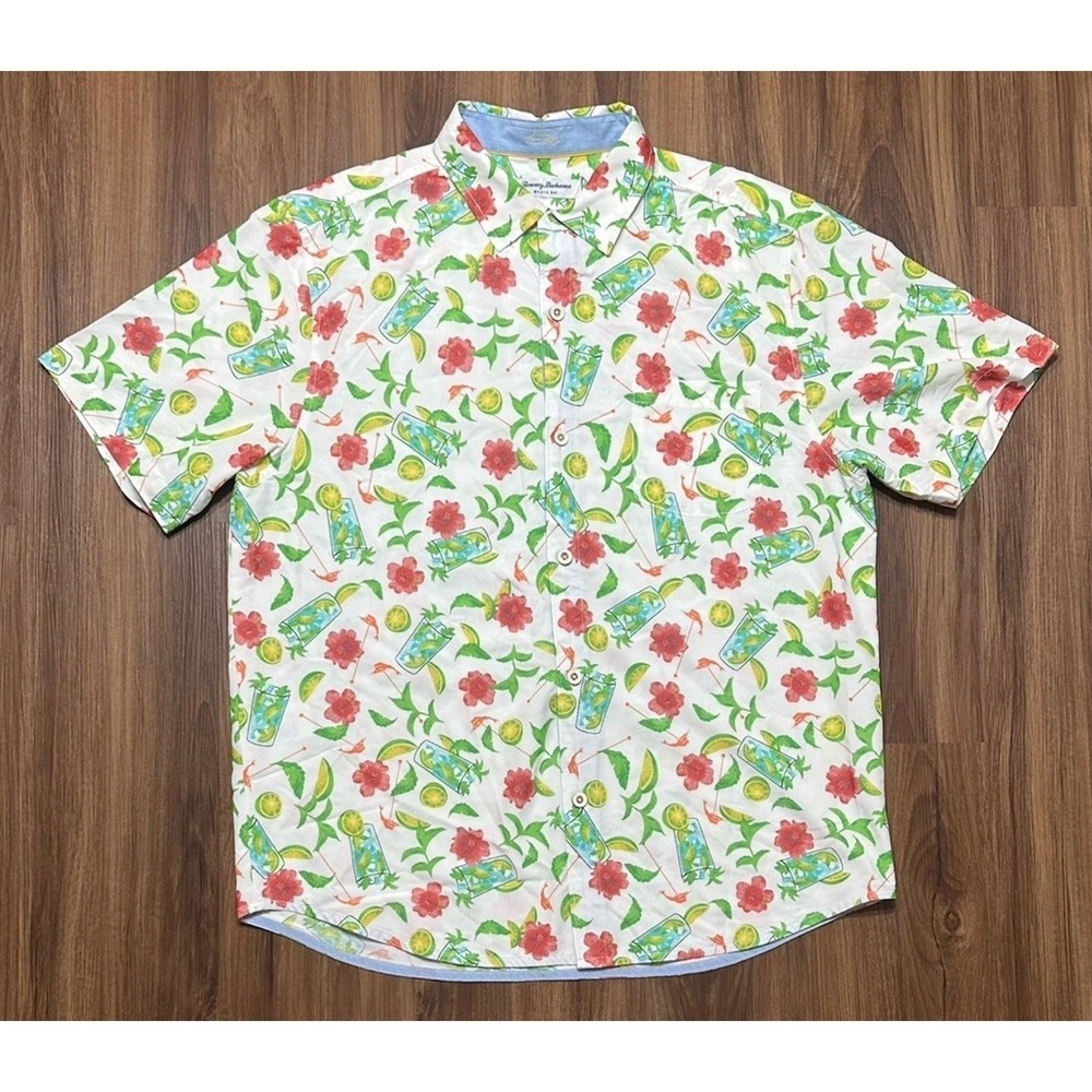 Tommy Bahama Mojito Bay Island Zone Hawaiian Shirt Drink Print White Sz L